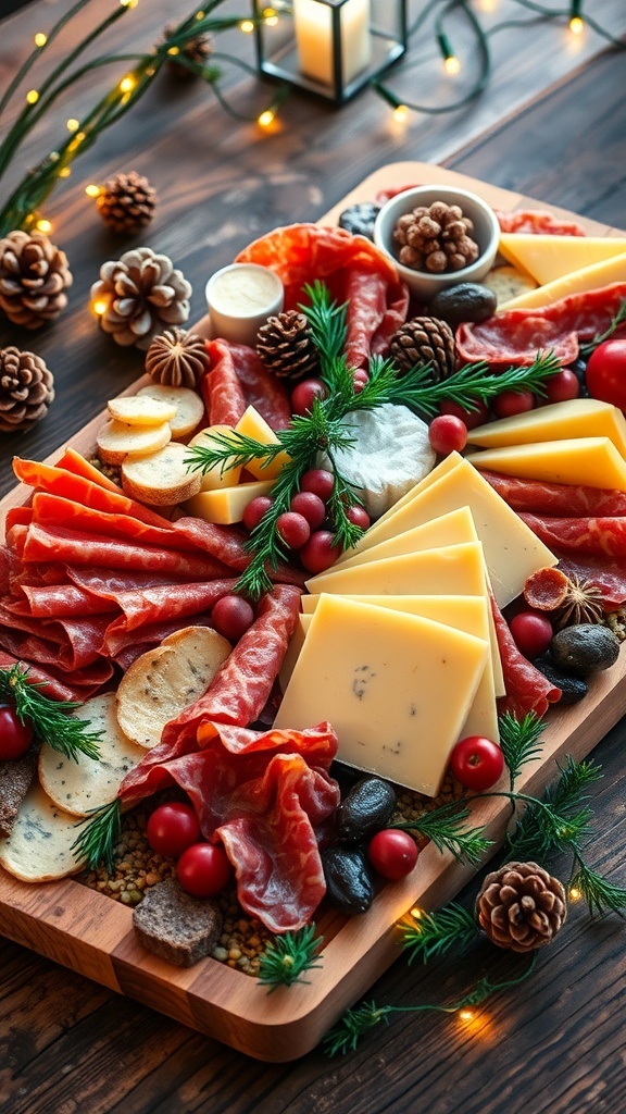 A festive charcuterie board with meats, cheeses, fruits, and herbs for Christmas.